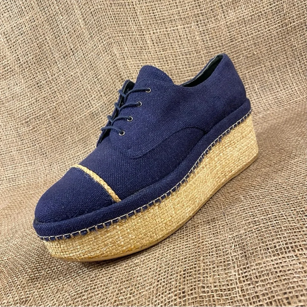 Stuart Weitzman Navy Blue Canvas Platform Espadrille Lace Up Oxford Shoes Size 9
